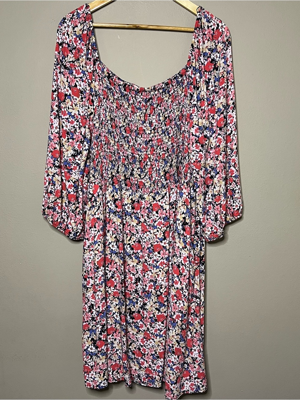 Terra & Sky Floral Smocked Dress 2X Yellow White Square Neck 3/4 Balloon Sleeve